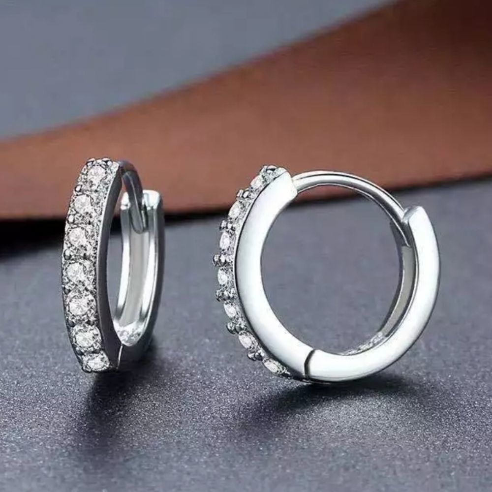 Diamond Silver Earrings, Cubic Zirconia Pierced Hoops, 925 Sterling Silver
